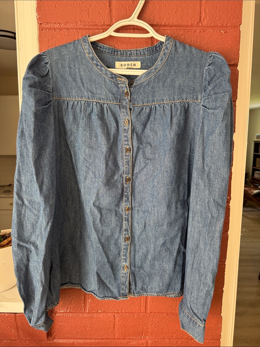 Boden Puff Sleeve Classic Blue Denim Round Neck Button-Down Shirt Size 10